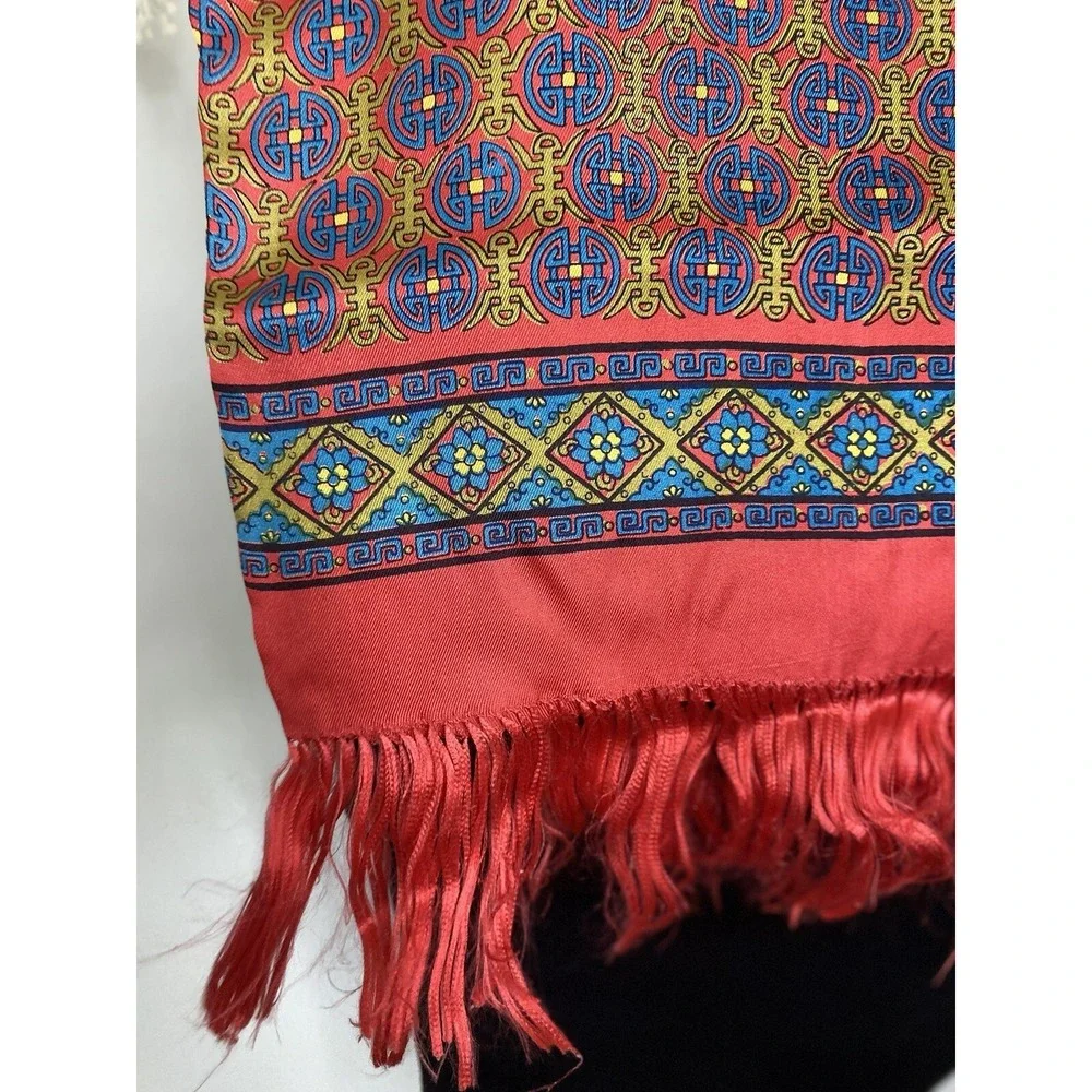 Vintage 100% Silk Rectangular Scarf Japanese‎ Fringe Red Blue Multi 12